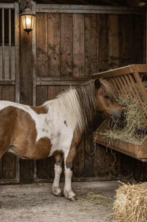 A small brown and white pony eats hay from a wooden feeder in a stable.